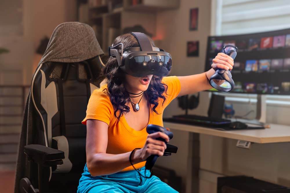 A girl using a HTC Vive Focus Vision headset