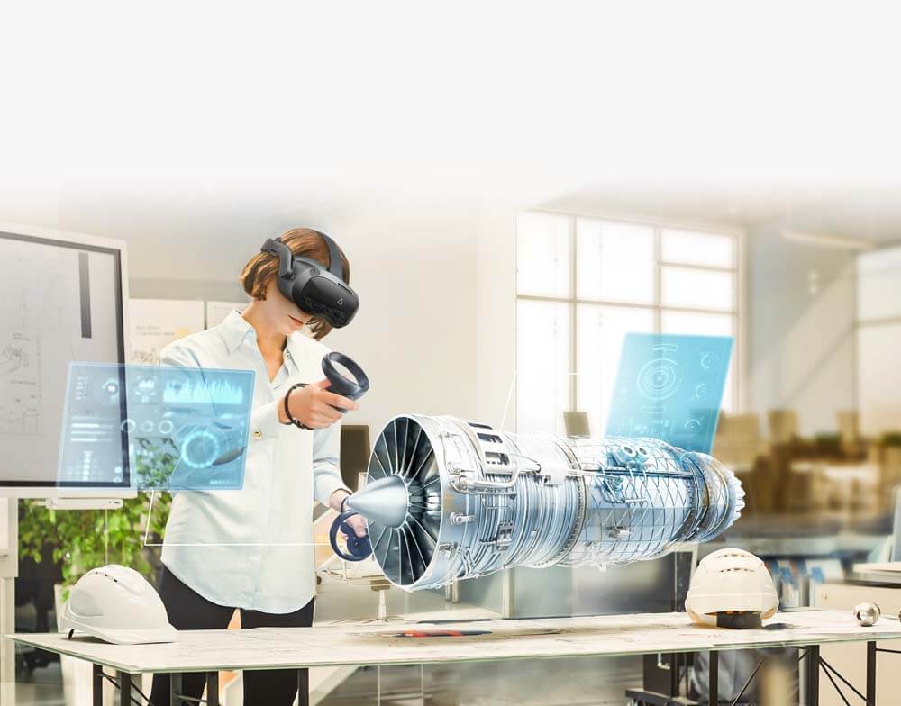 A woman using a HTC Vive Focus 3 headset