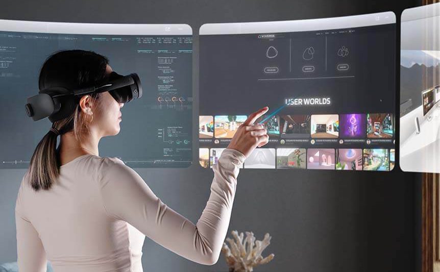 A woman using a virtual reality headset