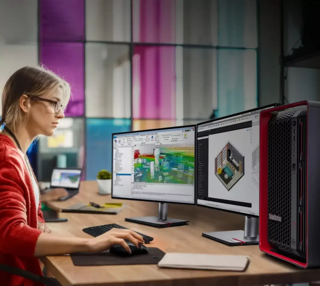 A Woman using a Lenovo ThinkStation