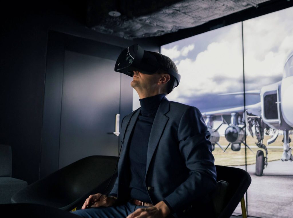 A person using a Varjo virtual reality headset