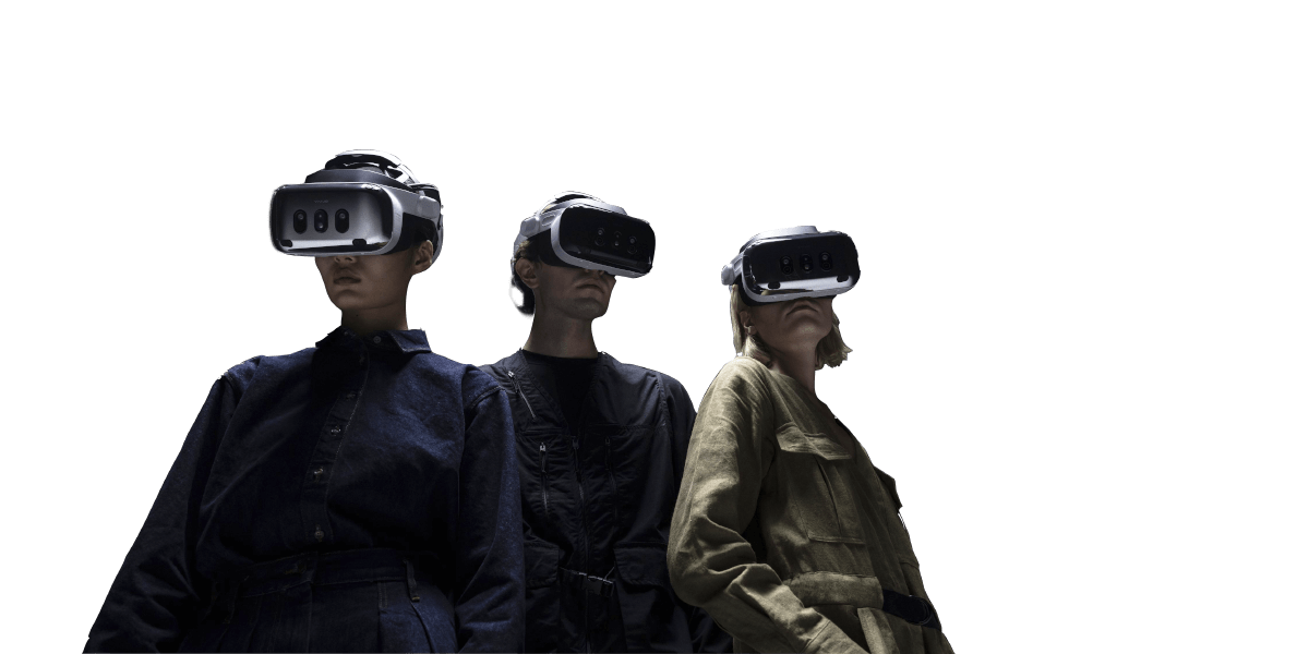 Three people wearing virtual reality headsets